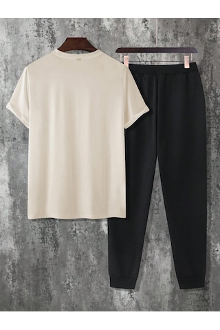 Unisex Leopar Kalp Baskılı Eşofman Takımı Bej