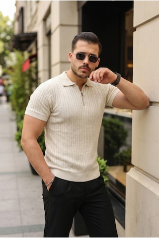 Efnaz Style Erkek Örgü Desen Fermuar Yakalı Triko Tişört Taş