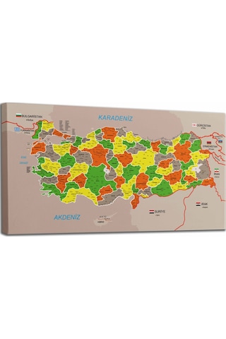 Doğaltercih Türkiye Haritası Kanvas Tablo İl ve İlçeli Ayrıntılı Eğitici-Öğretici Komşulu Dekoratif Tablo 2999