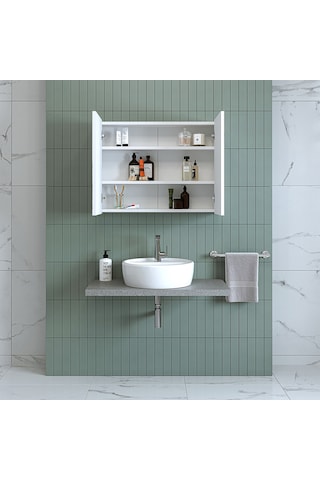 Banos Banyo Roomart Ad7 Kulpsuz 2 Kapaklı Mat Beyaz Mdf 80 Cm Aynalı Banyo Üst Dolabı Mat Beyaz