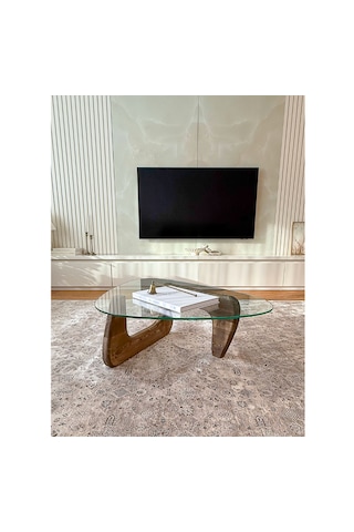 Orta Sehpa - Ceviz Renkli Asimetrik Model 90x65 Cm Temperli Cam Ahşap
