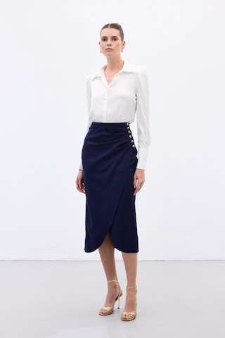 Sateen Düğme Detaylı Kalem Etek - Lacivert-136779 Lacivert