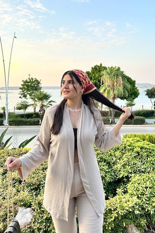 Taş Renk Cep Detaylı Dar Paça Kimono Takım Taş