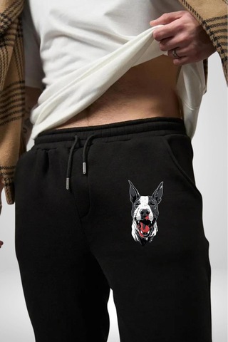 Angemiel Doberman Kırmızı Dil Siyah Dik Kulak Pamuklu 3 İplik Siyah Eşofman Altı Erkek Oversize Kesim Dijital Baskılı Siyah