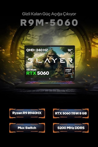 Game Garaj Slayer R9M-5060-C1 R9-8940HX 32 GB 1 TB SSD RTX5060 16" Freedos Gaming Laptop