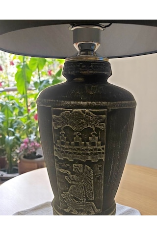 Gümüş Renk Eskitme El Yapımı Sümer Dekoratif Abajur - Siyah Siyah