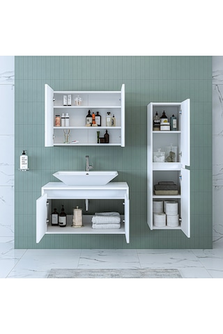 Banos Banyo Roomart Lavabolu Mat Beyaz Mdf 85 Cm Banyo Dolabı+Ayn Mat Beyaz