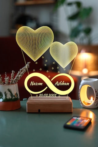 Sevgiliye Hediye Özel 3D 2 Kalp Led Gece Lambası