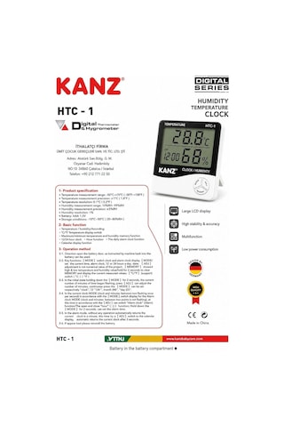 Kanz Htc-1 Dijital Termometre Ve Nem Ölçer Saat, Alarm, Takvim Ve Hafıza Özellikli