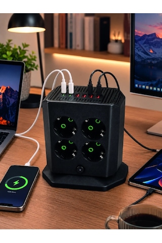 Akım Korumalı 8'li Dikey Priz 4 Usb 2 Typec Hızlı Şarj Destekli Çoklu Priz 0 - 2 M
