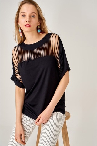Kadın Lazer Kesim Siyah Bluz-Siyah