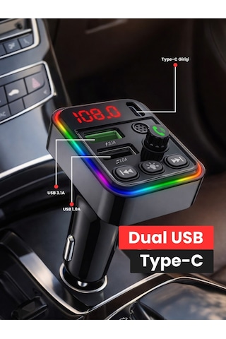 Bluetooth Araç İçi Fm Transmitter Pd + 3.1a Hızlı Şarj Çift Usb Rgb Led Ekranlı Müzik Çalar