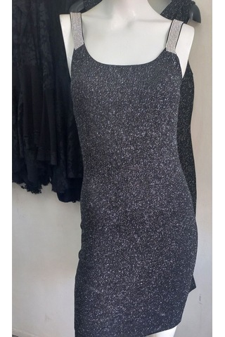 Siyah Uzeri Gümüş Simli Plastik Tasli Bodycon Elbise Siyah