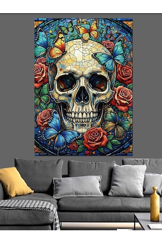 Çiçekli Kurukafa Sanat Eseri Dekoratif Kanvas - Mdf Ahşap Tablo