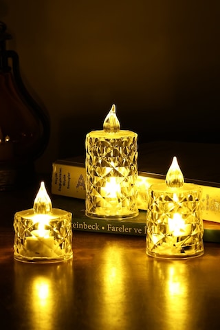 3 Lü Elmas Kristal Desenli Led Mum Seti Pilli Dumansız Alevli Dekoratif Yapay Mum Sarı