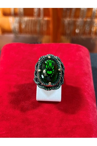 Firuze Gümüş Oval Model Kılıçlı Yeşil Taşlı Yöresel Otantik Gümüş