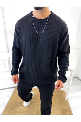 Uzun Kollu Tişört Fitilli Örme Triko Yumuşak Dokulu Tüylenmez Pamuklu Kazak Sweatshirt Siyah