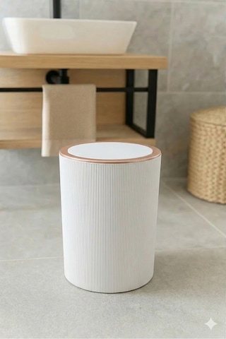 İndecor Houseware Liza Beyaz Çizgili Yuvarlak Banyo Çöp Kovası - Mutfak Çöp Kutusu - Ofis Çöp Kovası 5 Litre