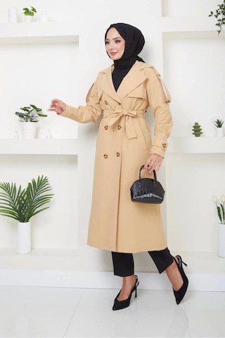 Kruvaze Yaka Bondit Kumaş Trençkot / M0106 - Camel Metalik Camel