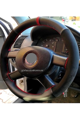 Vw Golf 5 Uyumlu Dikmeli Direksiyon Kılıfı Alkantara Karbon Kırmızı