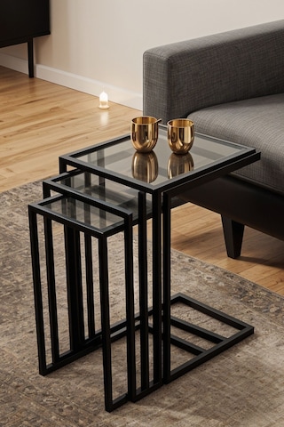 Ibiza Üçlü C Zigon Sehpa Takımı Koltuk Sehpası Metal 3lü Yan Sehpa Füme Camlı