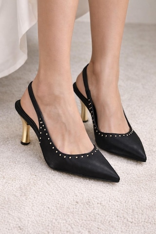 Modaonn Kadın Sivri Burun Zımbalı Slingback İnce Topuk Ayakkabı Siyah