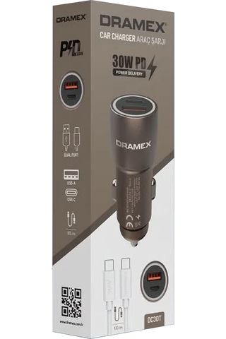 Dramex Dc30t 3.1a 30w Pd Q.c. 3.0 1mt Type-c Kablolu 1xtype-c + 1xusb-a Çıkışlı Hızlı Araç Şarj Cihazı - Kahverengi
