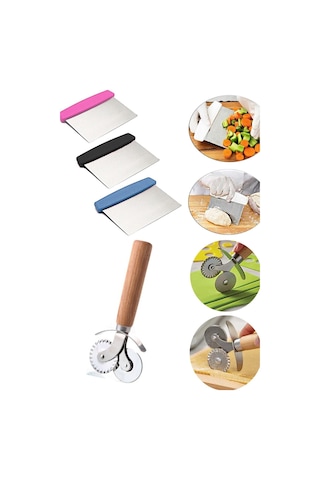 Hamur Kesme Aparatı Spatula + Ahşap Saplı Hamur Ve Pizza Kesme Ruleti Renkli