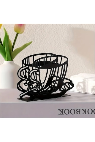 Xuweiwei Siyah Metal Peçete Tutucu - Kahve Fincanlı Dikey Masaüstü Mendil Klipsi Siyah