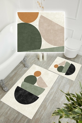 Dijital Baskı Art Seri Kaymaz Taban 2li Set Banyo Paspası Klozet Takımı 50x60cm-60x100cm krem