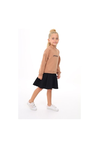 Toontoy Kız Çocuk Baskılı Relax Fit Bisiklet Yaka Uzun Kollu Elbise - Renk Bloklu - Tk24346 Kahverengi