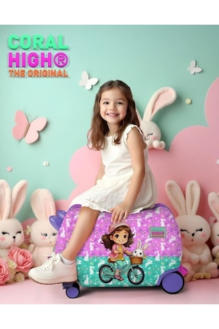 Coral High Otur-çek Kız Çocuk Valizi - Mor Pembe Bisikletli Kız Çok Renkli