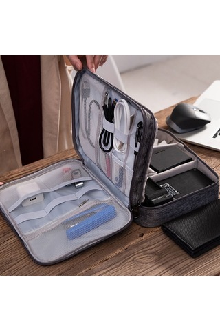 Dofolink Gri Üç Katlı Dijital Alet Çantası - Veri Kablosu, Powerbank Ve Kulaklık Saklama Çantası - Dayanıklı Ve Hafif Malzeme