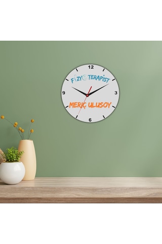 Fizyoterapistlere Özel İsim Yazılı Cam Duvar Saati Beyaz