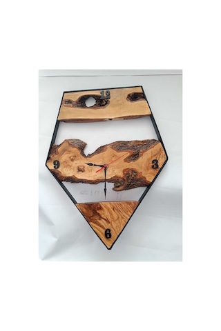Doğal Zeytin Ahşap Duvar Saati 47x62 Cm El Yapımı Dekoratif Modern Duvar Saati Geometrik Metal Çerçeveli Şık Tasarım Kahverengi