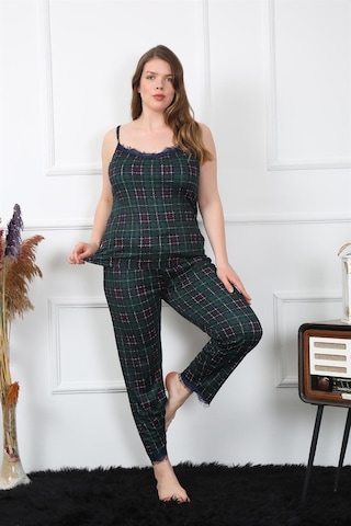 Akbeniz Kadın Büyük Beden Yeşil Ekoseli İp Askılı Pijama Takım 202197 Çok Renkli
