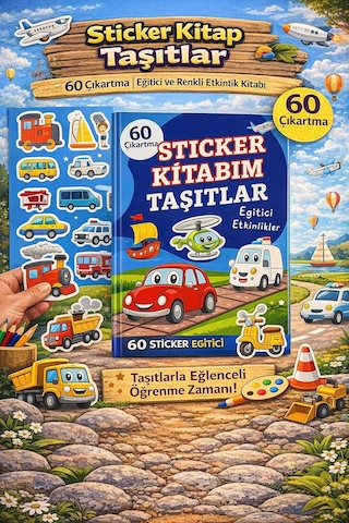 Çocuklar İçin Eğitici Taşıtlar Sticker Kitabı - 60 Çıkartma İle Renkli Aktivite Kitabı