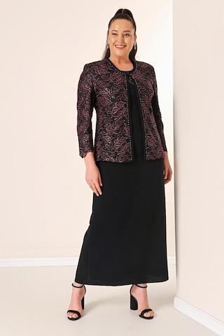 Yakası Boncuk Nakışlı Uzun Elbise Boncuk Pul Nakışlı Ceket Astarlı Büyük Beden 2'li Takım-35341-bordo Bordo