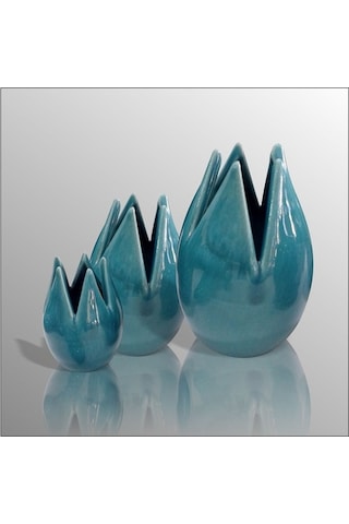 Seramik Turkuaz Laleler Biblo Seti 15Cm - 13Cm - 9Cm