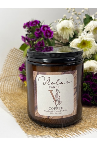 Violas Candle Amber Renk Cam Kavanoz Kahve Kokulu %100 Soya Wax Mum Beyaz