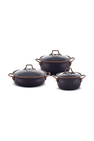 Bonera Emaye Vintage Güveç 6 Parça Tencere Seti 16-20-22 Cm Gri