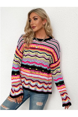 Kadın Gökkuşağı Bisiklet Yaka Çizgili Örgü Kazak Kazak Uzun Kollu Günlük Gevşek Büyük Boy Üstler Turuncu