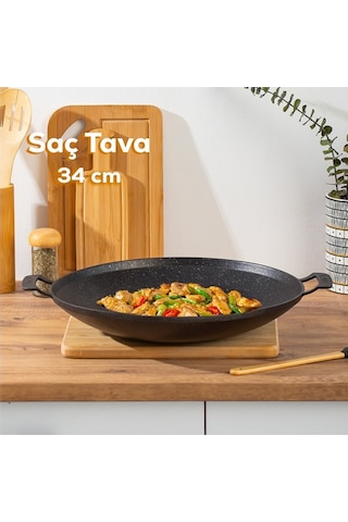 Granit Döküm Saç Kavurma Tavası 34 Cm Siyah