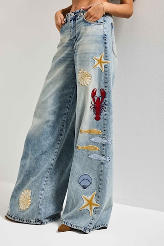it's basic Kadın Kot Rengi 4s6-32 Palazzo Fit Deniz Dünyası Nakışlı Özel Tasarım Denim Jean Mavi