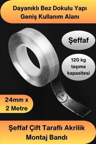 Çifttaraflıbant 120 Kg Taşıma Kapasiteli Şeffaf Çift Taraflı Akrilik Montaj Bandı 24mm X 2 Metre Gü