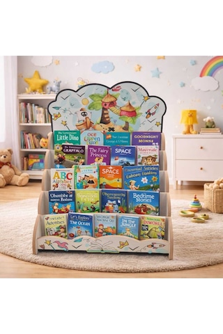 Montessori Yazı Tahtalı Hayal Dünyası Temali 5 Raflı Kitaplık Ve Oyuncak Saklama Yerli Çok Renkli