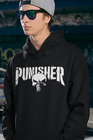 Sevbano Punisher Baskılı Unisex Oversize Hoodie Siyah