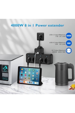 Zyzqstore Yeni Nesil 4000w 3 Usb 1 Type-c 8 İn 1 Duvar Priz Termal Akım Korumalı 4'lü 0