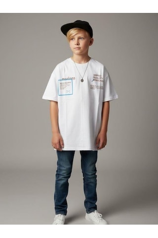 Zekids Erkek Çocuk Pamuklu Gizli Cep Detaylı Oversize T-shirt-16862 Beyaz