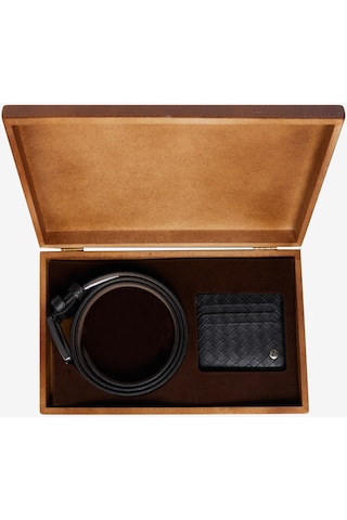 AC&Co / Altınyıldız Classics Erkek Siyah Özel Ahşap Hediye Kutulu Kemer-Kartlık Aksesuar Set Damat Bohçası Siyah